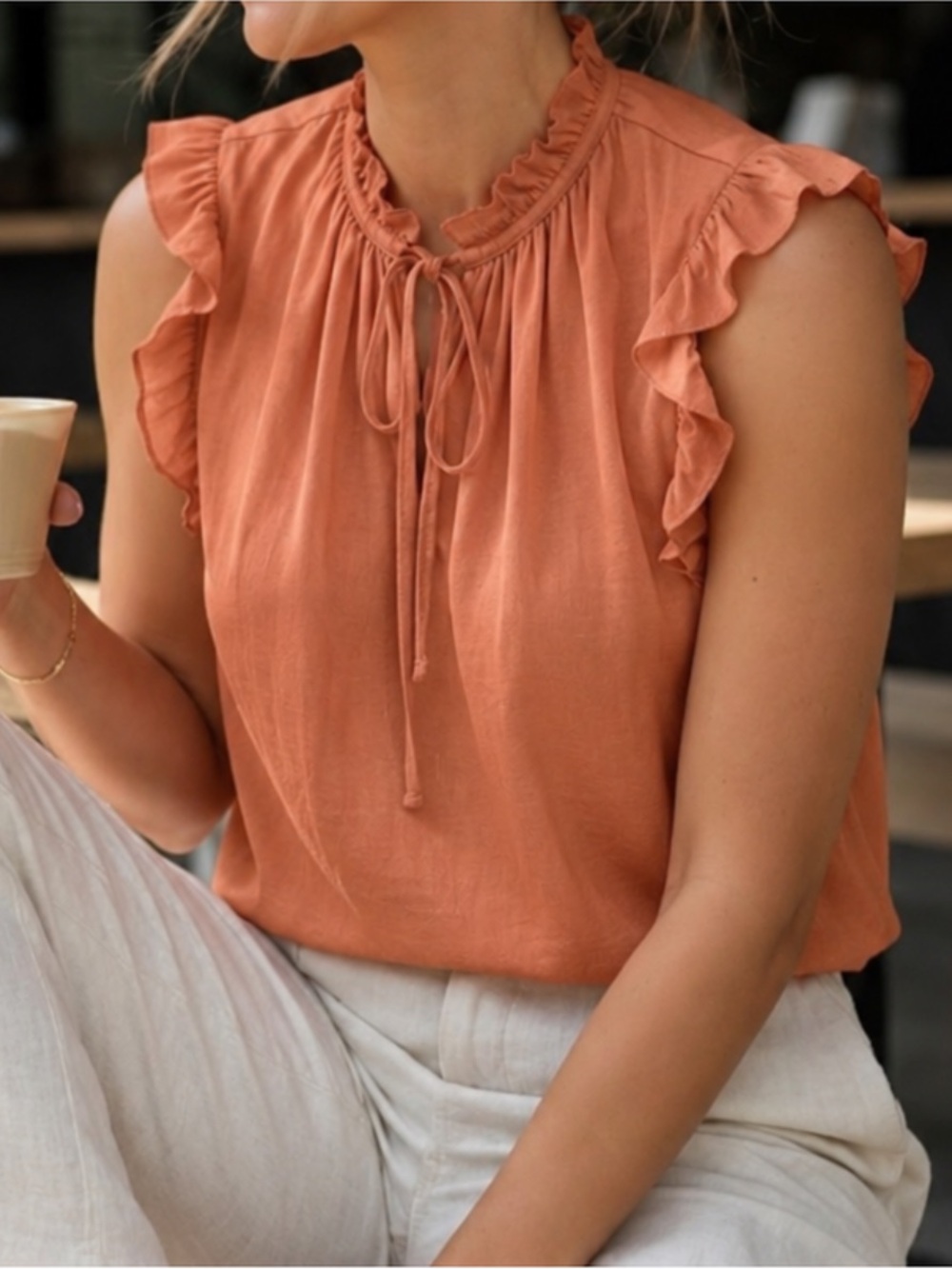 cupcakes & cashmere Ruffle Tie-Neck Sleeveless Silky Top. Peach. Women’s Sz- M